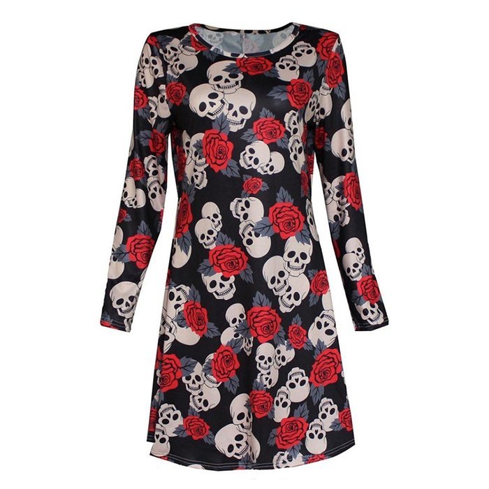 Mini Dress,Morecome Women Halloween Skull Rose Print Long Sleeve Party Swing Mini Dress N3