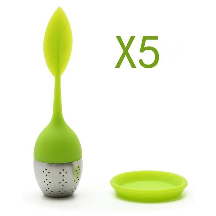 Tea Infuser Leaf Strainer Handle with Steel Ball Silicone Leaf Green (1) N6