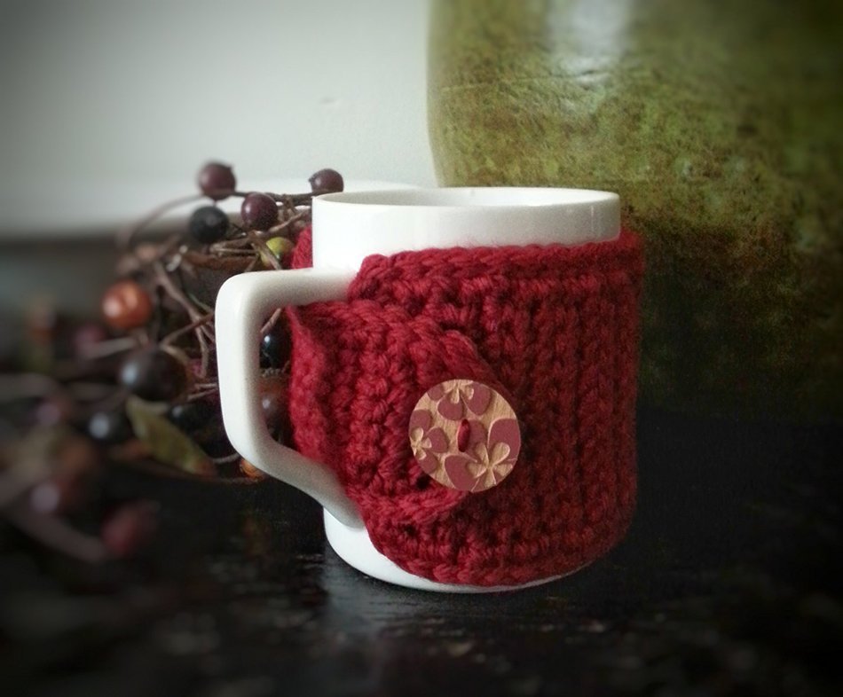 Crochet Acrylic Coffee Mug Cozy Marsala N2