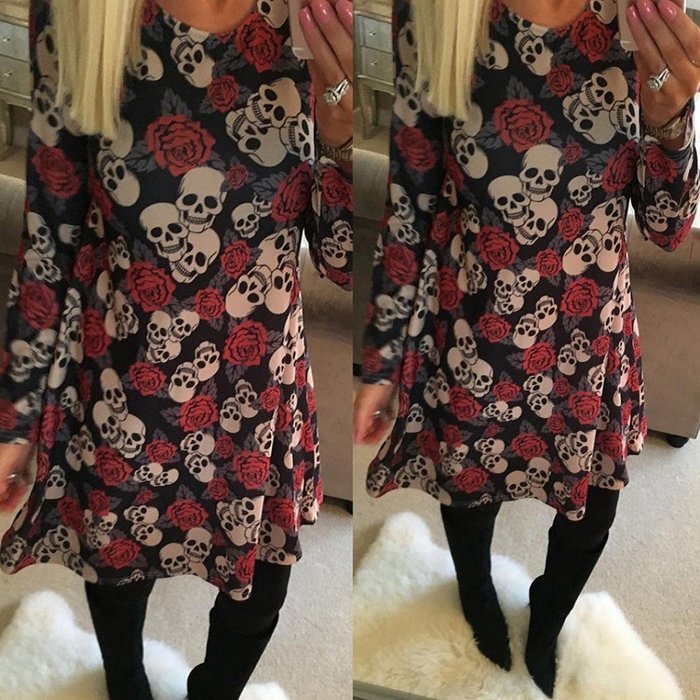 Mini Dress,Morecome Women Halloween Skull Rose Print Long Sleeve Party Swing Mini Dress N4