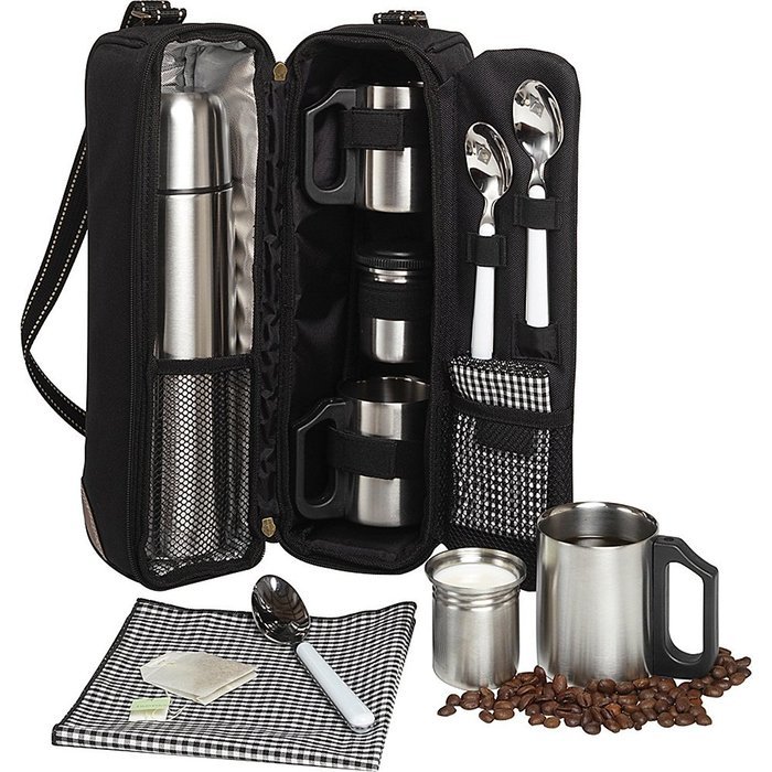 Picnic at Ascot - Deluxe Vienna Travel Coffee Tote for 2 Including Stainless Vacuum Flask, Cups, Creamer and Teaspoons N4