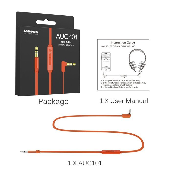 Jabees AUC101 3 Feet 3.5mm Male to 3.5mm Male Stereo AUX Replacement Headphone Audio Cable with In-Line Remote... N8