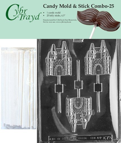 Cybrtrayd 45St25-K072 Castle Lolly Chocolate Candy Mold with 25 Cybrtrayd 4.5" Lollipop Sticks