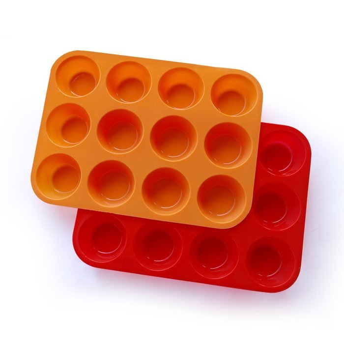 MIREN Non-Stick Silicone Muffin Cupcake Baking Pan - Standard Size - 12 Cups - 2 Pack(Red and Orange)
