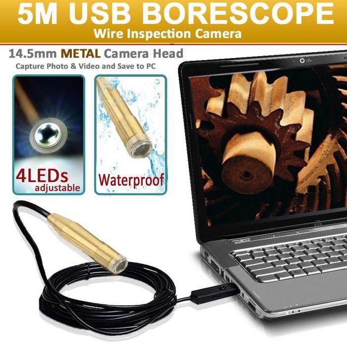 USB Endoscope Borescope Inspection 4 LED Waterproof Metal Camera 5M/16 Ft Cable N3