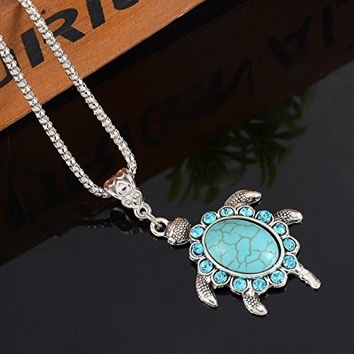 1PC Women Boho Turquoise Rhinestone Turtle Pendant Necklace