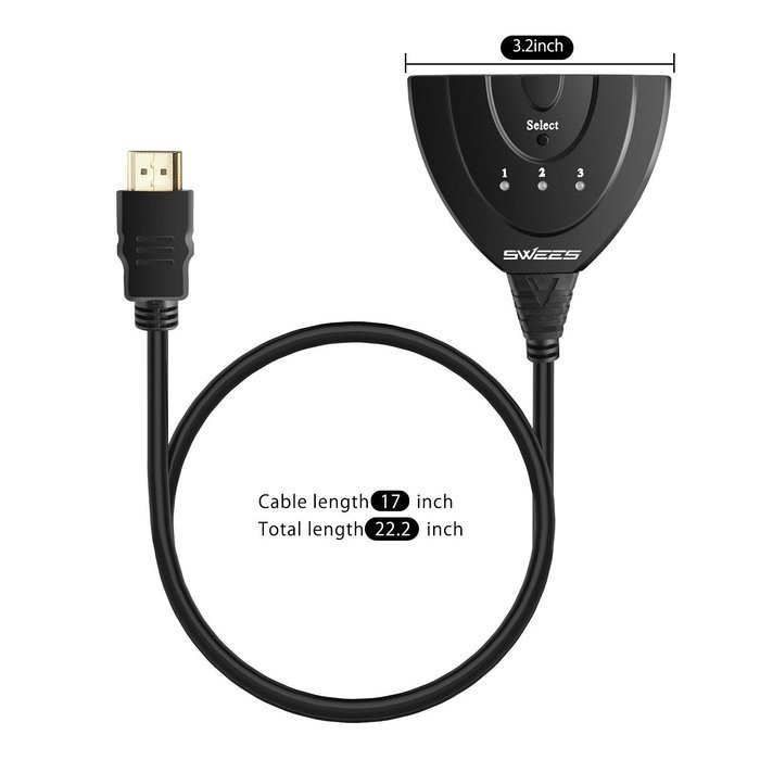 HDMI Switch, Swees 3 Port HDMI Switcher 3D Ready / Full HD 1080p - flexible 3 port switch | 3 x IN / 1 x OUT |... N6