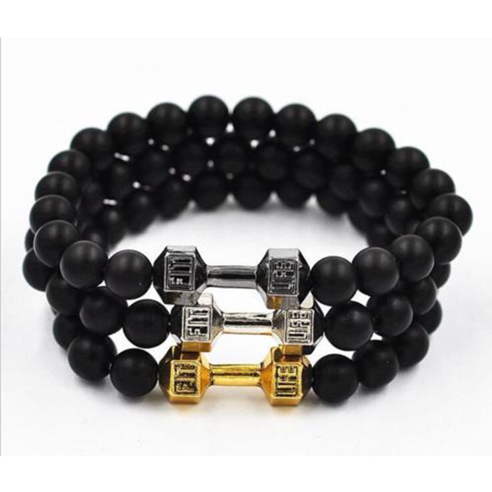 Fit Life Black Matte Stone Dumbbell Bracelet Fitness Motivation ...