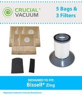 5 Bissell Zing Bags, 2 Filters &amp; 1 Dirt Bin Filter, Part # 3210 &amp; 203-1532, Designed &amp; Engineered by Crucial Vacuum