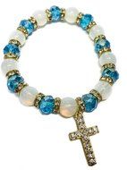 Stretchable Golden Bracelet Light Blue Crystal Beads &amp; Zircons Cross Jerusalem N2