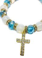 Stretchable Golden Bracelet Light Blue Crystal Beads &amp; Zircons Cross Jerusalem N3