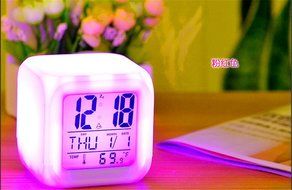 Surborder Shop Cube Colorful Glowing 7 Led Colors Changing Digital Alarm Clock with Time &amp; Date Week &amp; Temperature... N9