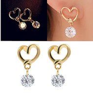 JT11 1 Pair Golden Heart Ear Studs Crystal Dangle Earrings Fashion Jewelry