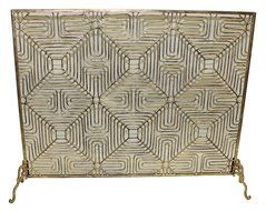 Light Burnished Gold Iron Maze Design Single Panel Fire Screen with Mesh Backing