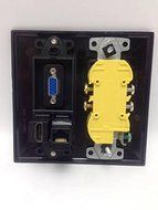 CERTICABLE CUSTOM BLACK DOUBLE GANG WALL PLATE WITH 2- 110V POWER OUTLETS 1- VGA 1- HDMI 1- CAT5 RJ45 N2