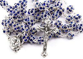 Blue Zircon Crystals Beads Rosary Catholic Necklace Holy Soil Medal &amp; Crucifix