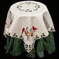 19" X 90" Wide Christmas Embroidered Red Cardinals and Pine Cones on White Fireplace Mantle Scarf N2