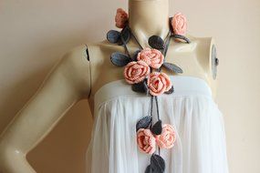 Salmon and Grey Crochet Necklace-Salmon and Grey Lariat Necklace-Rose Lariat Scarf-Rose Necklace N2