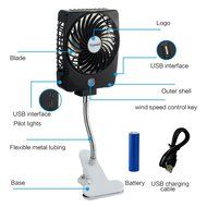 Topwell Mini Square Rechargeable Clip Base Fan with LED Light, Battery and USB Cable, Black N16