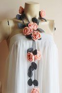 Salmon and Grey Crochet Necklace-Salmon and Grey Lariat Necklace-Rose Lariat Scarf-Rose Necklace N3