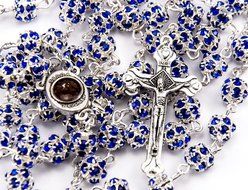 Blue Zircon Crystals Beads Rosary Catholic Necklace Holy Soil Medal &amp; Crucifix N3
