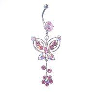 Dedegui Silver Bar Butterfly Pink Gems 14g Belly Button Navel Ring Body Piercing Jewelry