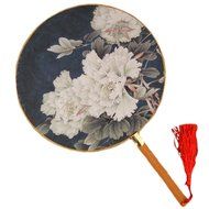 2PCS Cotton Fabric Fan Print Decor Bamboo Handle Round Hand Fan, Grey blue
