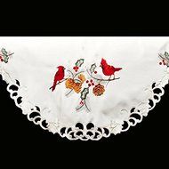 19" X 90" Wide Christmas Embroidered Red Cardinals and Pine Cones on White Fireplace Mantle Scarf N4