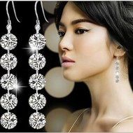 Long Silver Hook Lady Womens Earring Round Crystal Drop Dangle Earrings