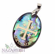 Jerusalem Cross Abalone Shell Pendant Pearl Golden Cross Holy Land Amulet 1.2"