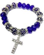 Blue Crystal Beads Silver Rosary Hand Bracelet Ornament Zircons Cross Holy Land