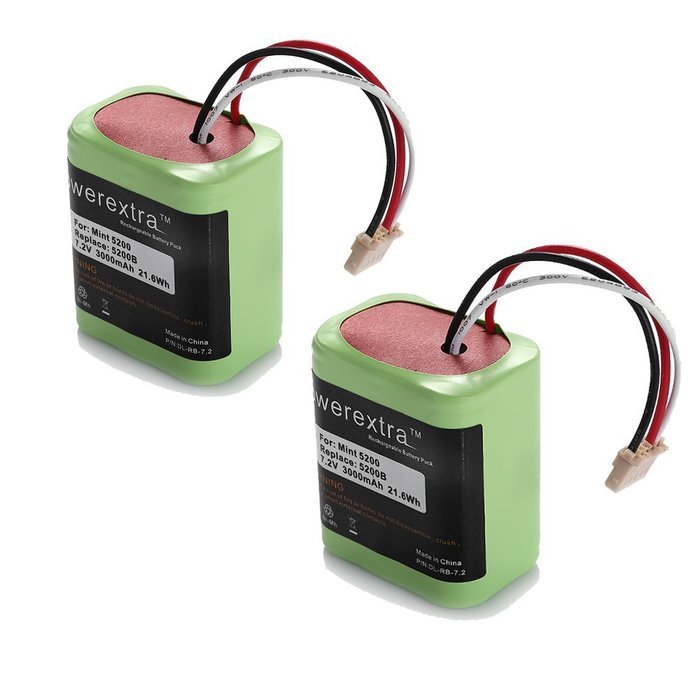 Powerextra 2 Pack 7.2V 3000mAh Ni-MH iRobot Mint 5200 Vacuum Cleaner Replacement Battery For iRobot Mint 5200B N3