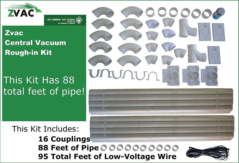 Central Vacuum Installation Kit For All Homes Rough-in Built-In CVac 3 Inlet Kit With Pipe by Zvac with 48 Foot... N10