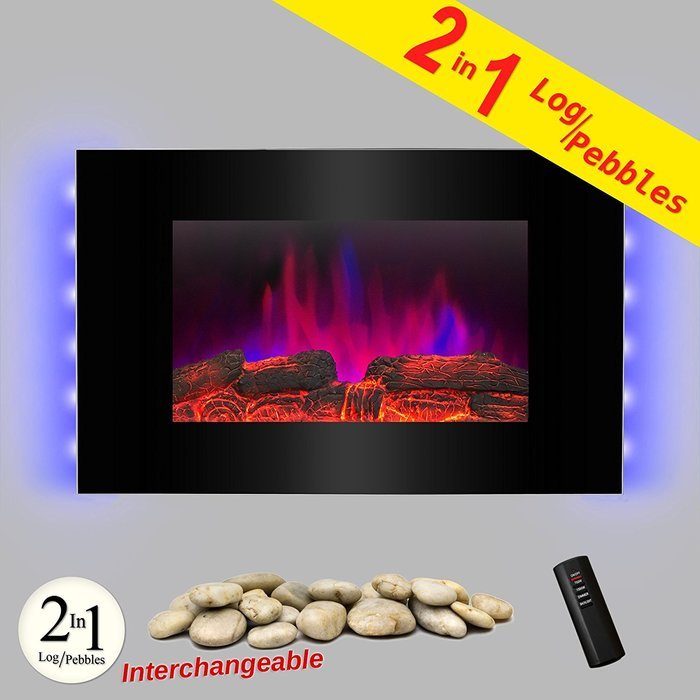 Golden Vantage Black Wall Mount Tempered Glass 3D Flame Effect Electric Fireplace w/ Remote Control