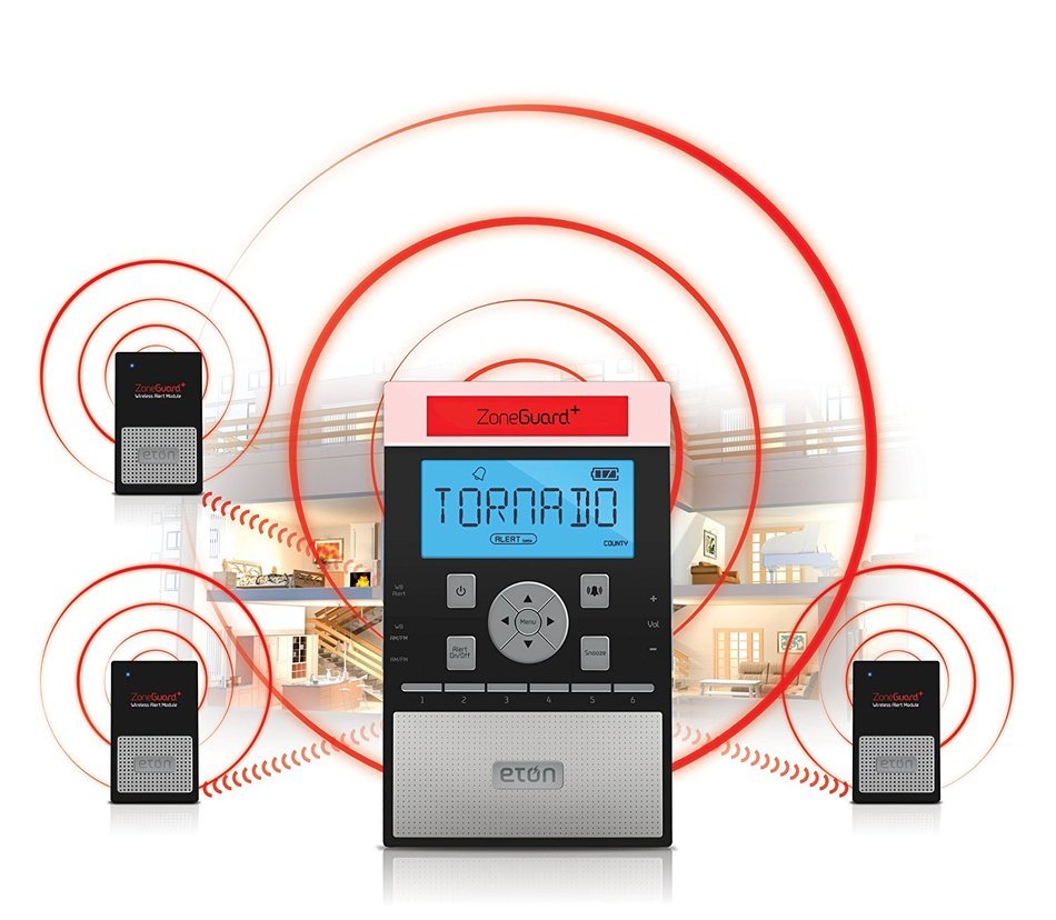 Eton ZoneGuard+ Weather Alert Clock Radio System with Wireless Alert Modules - Black (NZG200B) N9