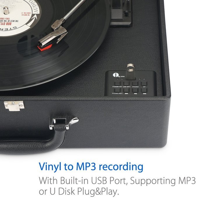 1byone Suit-case Style Turntable with Speaker, Bluetooth support and Vinyl-To-MP3 Recording, Belt Driven Record... N12