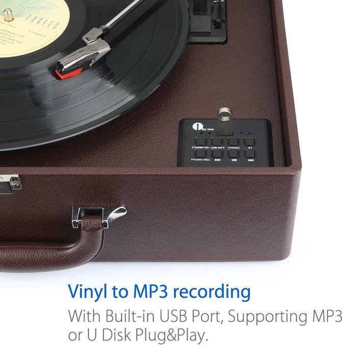 1byone Suit-case Style Turntable with Speaker, Bluetooth support and Vinyl-To-MP3 Recording, Belt Driven Record... N13