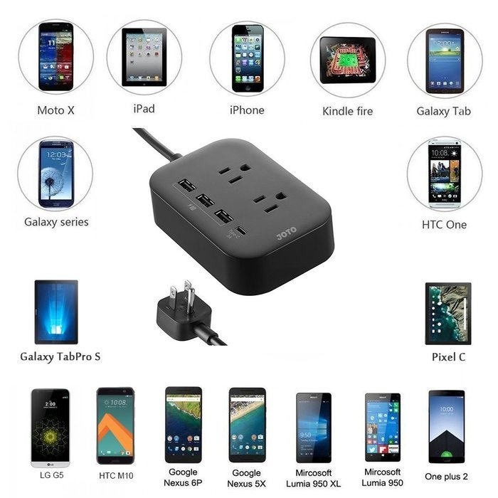 JOTO 2 Outlet Surge Protector Power Strip with USB Smart Charger (4 Port,5V 7.4A),with Type C Charging Port, 6.6ft... N10