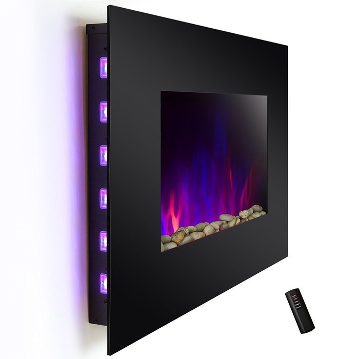 Golden Vantage Black Wall Mount Tempered Glass 3D Flame Effect Electric Fireplace w/ Remote Control N2