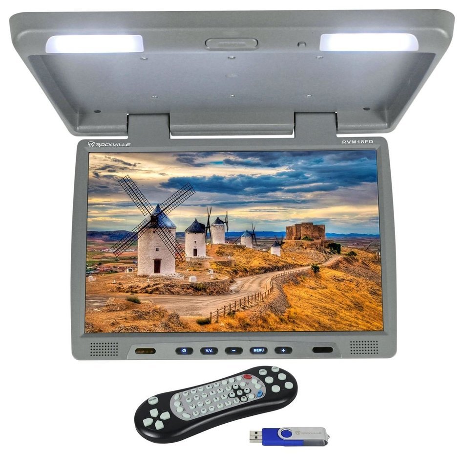 Rockville RVM18FD-BK 18" TFT Black Flip Down Car Monitor w/ USB/SD/Video Games N41