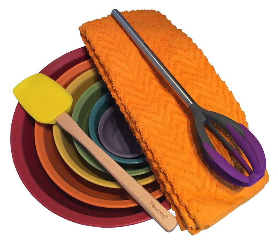 Oggi Bamboo Fiber Mixing Bowl Set Bundle with Batter Tool, Spoonula, and Kitchen Towels (10 ITEMS) N3