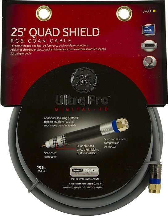 GE 87666 Quad Shielded G6 25-Feet Coaxial Cable, Gray