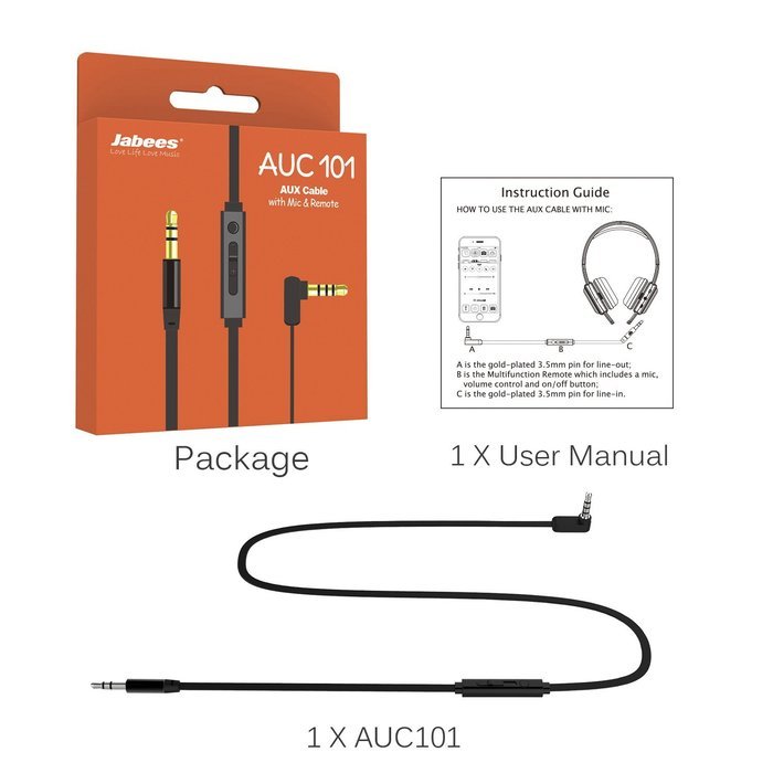 Jabees AUC101 3 Feet 3.5mm Male to 3.5mm Male Stereo AUX Replacement Headphone Audio Cable with In-Line Remote... N16