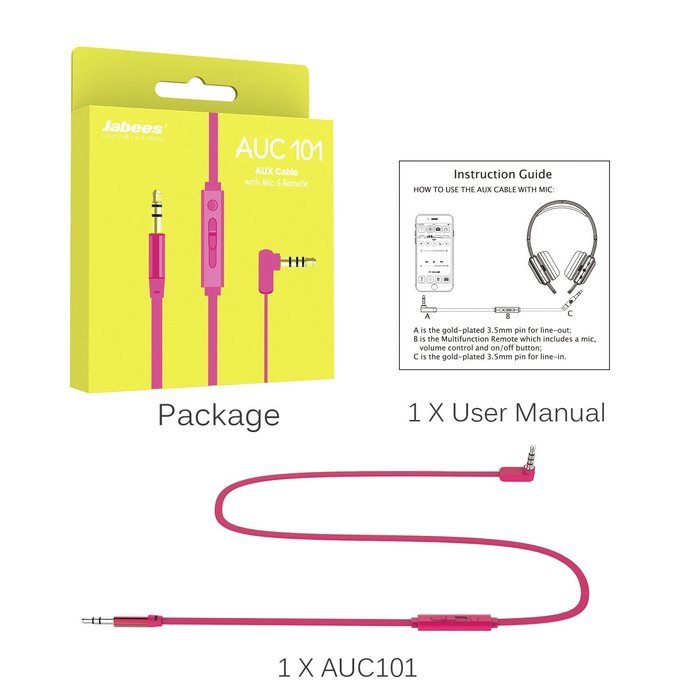Jabees AUC101 3 Feet 3.5mm Male to 3.5mm Male Stereo AUX Replacement Headphone Audio Cable with In-Line Remote... N18