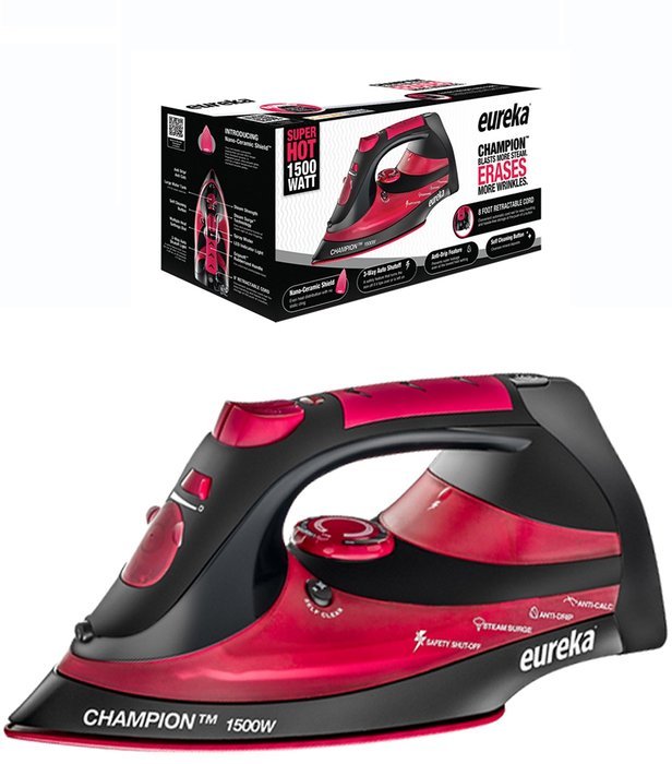 Eureka Champion Super Hot 1500 Watt Iron Powerful Steam Surge Technology, Rubine Red
