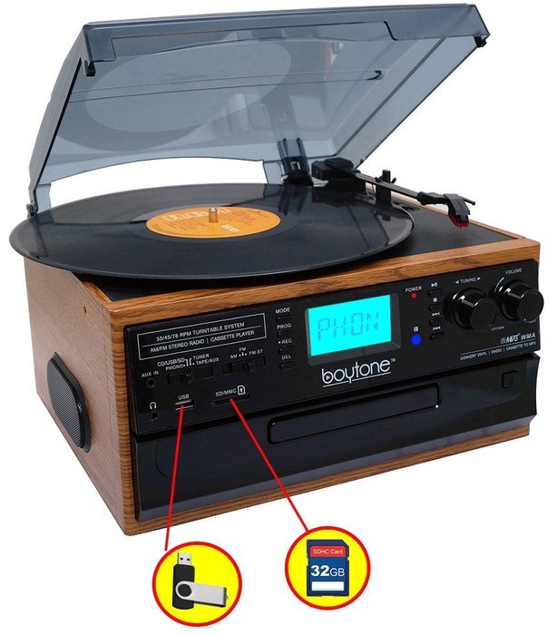 Boytone BT-21DJW-C, 3 Speed Turntable Ability to convert vinyl record, CD, Cassette, AM/FM Radio into MP3 files... N2