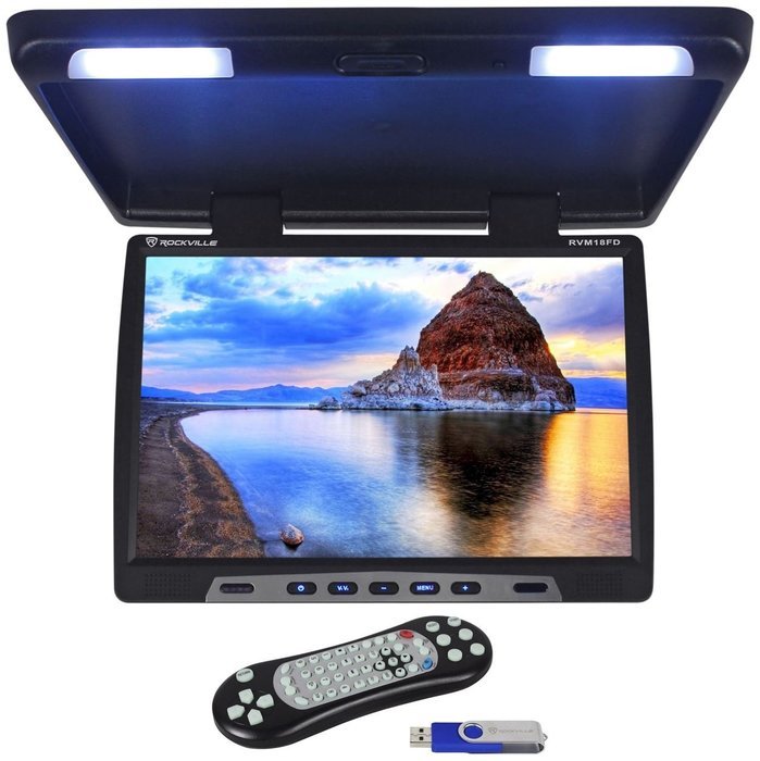 Rockville RVM18FD-BK 18" TFT Black Flip Down Car Monitor w/ USB/SD/Video Games N42