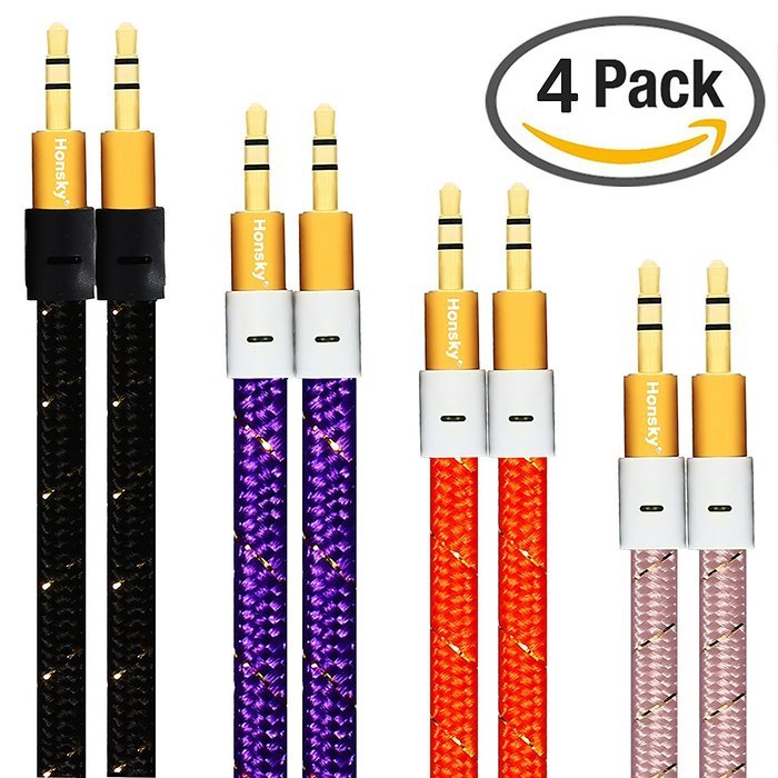 Pack of 4, 3.2 Ft 3.5mm Audio Cable Male to Male, Honsky Universal Durable Braided Colorful Noodle Flat Gold Plated... N5