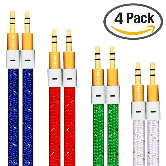 Pack of 4, 3.2 Ft 3.5mm Audio Cable Male to Male, Honsky Universal Durable Braided Colorful Noodle Flat Gold Plated... N10