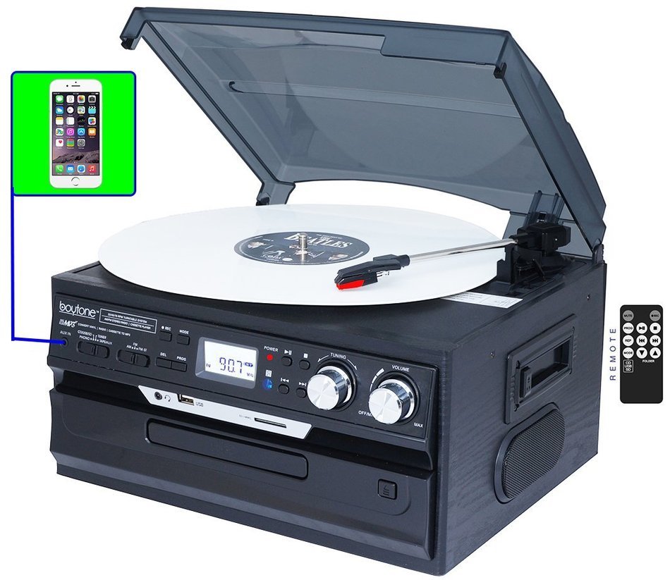 7-in-1 Boytone BT-21DJB-C 3 Speed Turntable 33/45/78 Rpm, Belt Drive, CD, Cassette Player AM/FM/ USB/SD Slot,... N5